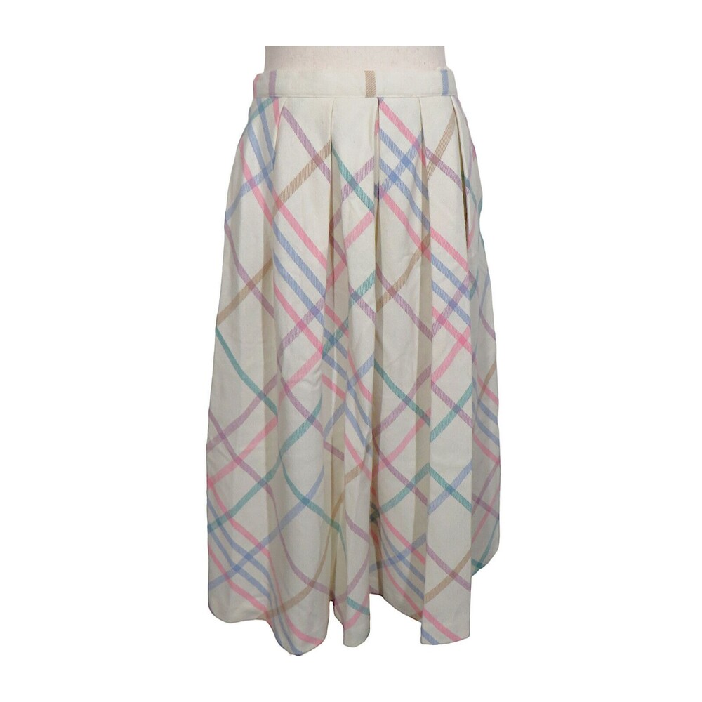 Vintage TOMBOY Poly Wool Blend Pastel Plaid Pleated Midi Skirt -Pockets- Size M